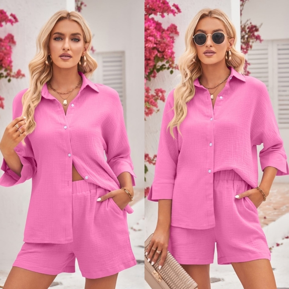 Harmony In Nature Pants - Textured Shirt and Elastic Waist Shorts - Pink